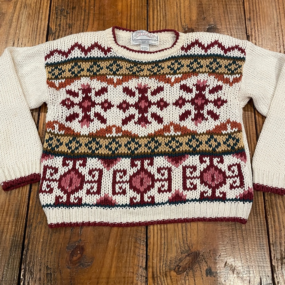 Vintage 90s Nordic Fair Isle Chunky Knit Sweater Cream Burgundy Cottagecore Boho